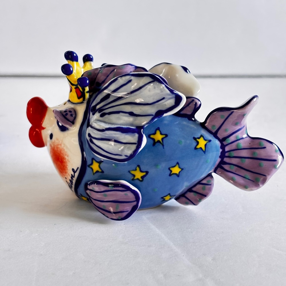 Diane Artware Kissing Fish Salt Pepper Shakers Crown Clay Art Ware Vtg 2002 - Picture 2 of 10